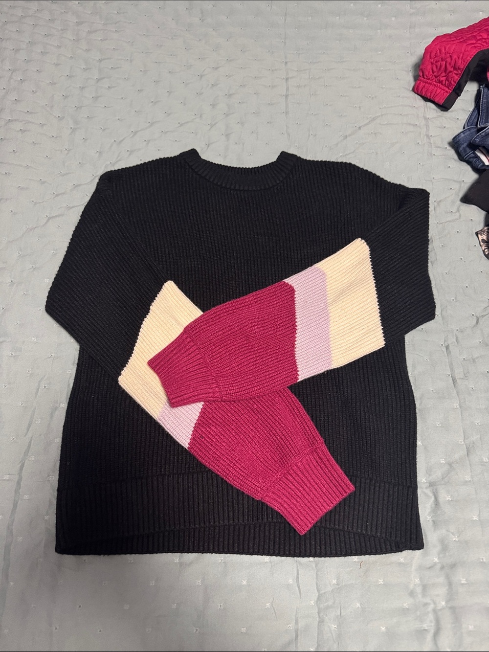 Black Crewneck Sweater with Colorblock Pink and Cream Sleeves